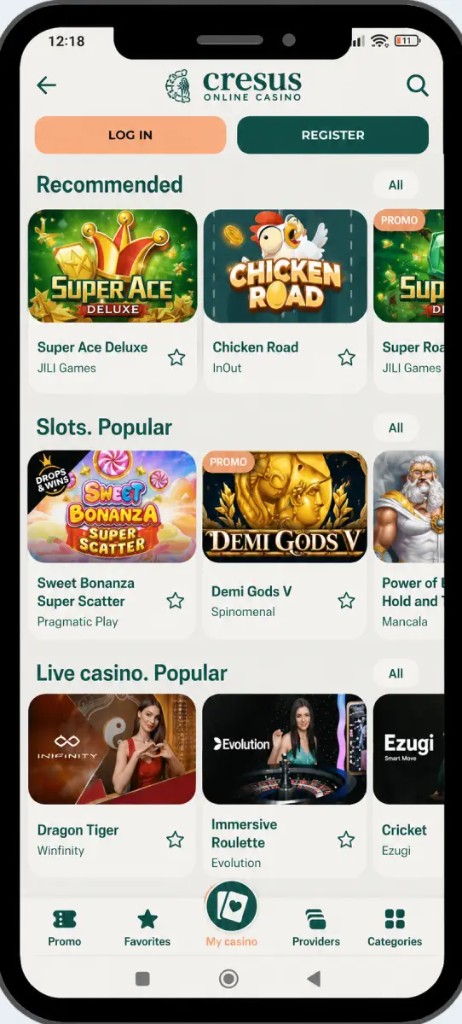 Cresus Casino mobile casino lobby