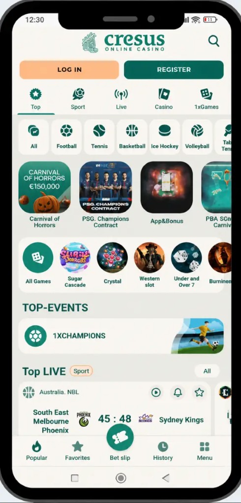 Cresus Casino mobile app home screen